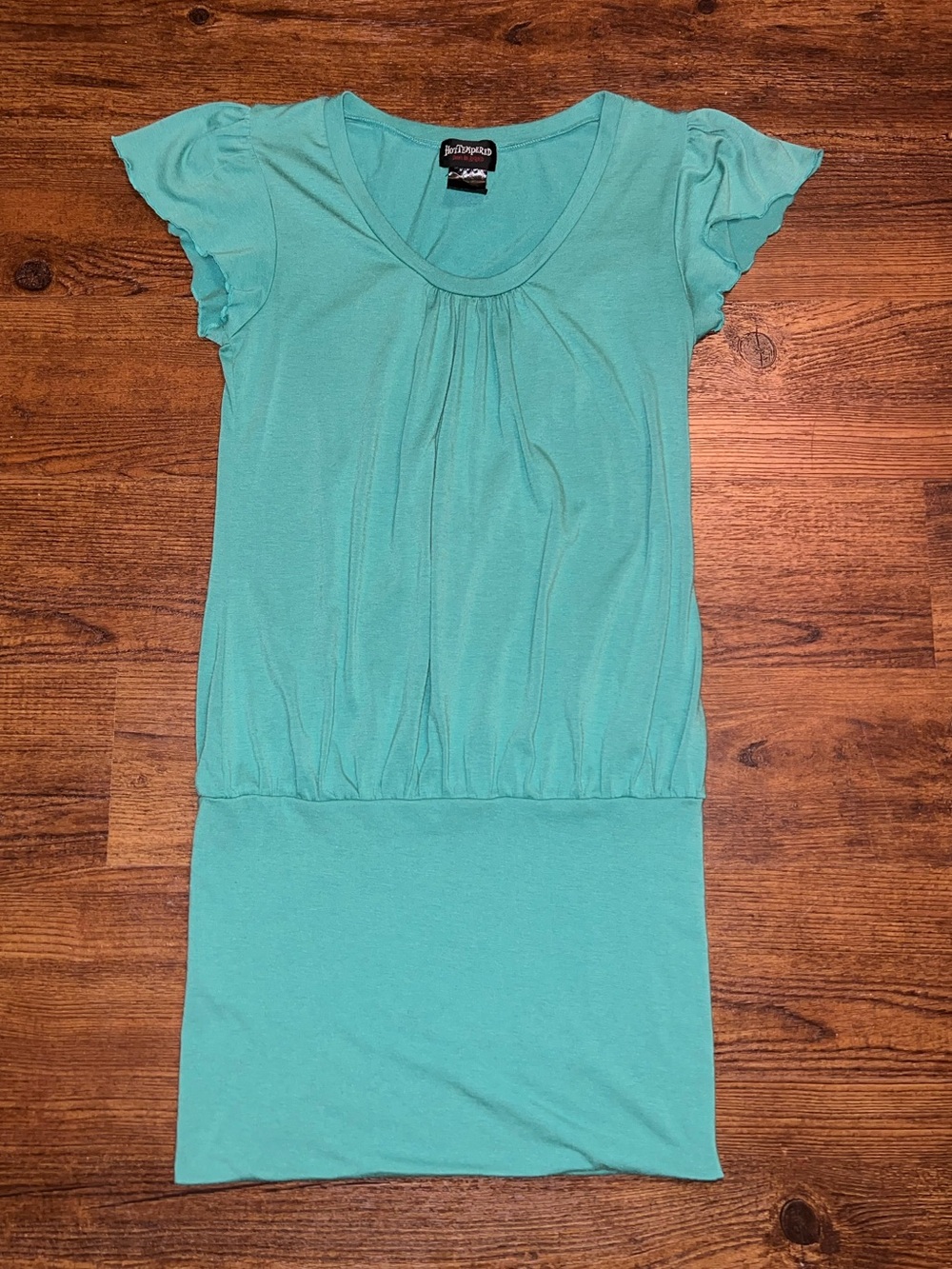 Y2K Hot Tempered Teal Green Drop Waist Mini Dress Flutter Sleeve Tunic Size M